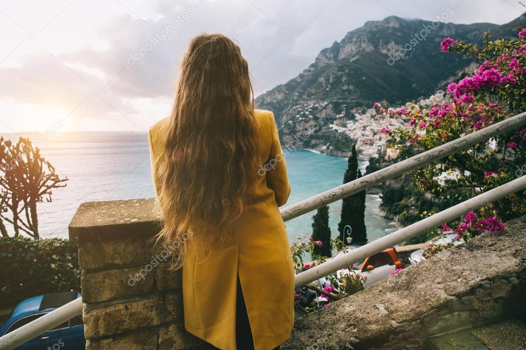 woman looking at town of Positano
