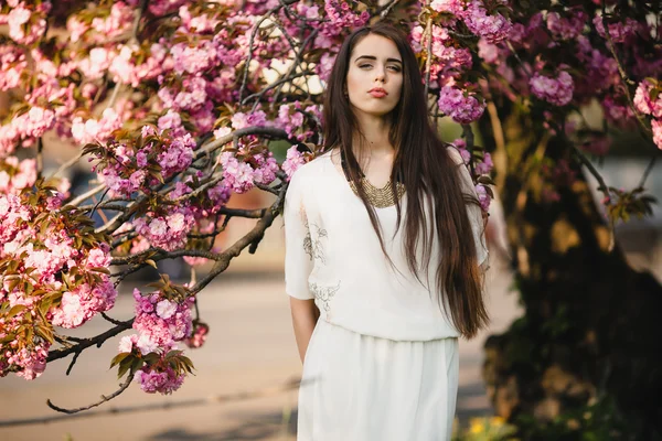 Jovem mulher em cerejas orientais — Fotografia de Stock