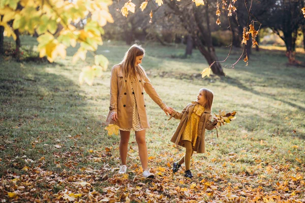 Mãe Feliz Sua Linda Filha Divertem Caminham Parque Outono — Fotografia de Stock