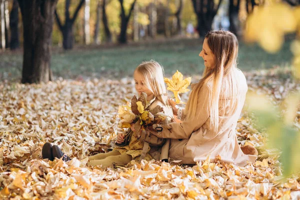 快乐的妈妈和她美丽的女儿坐在秋天的公园里 在黄叶间嬉戏 — 图库照片