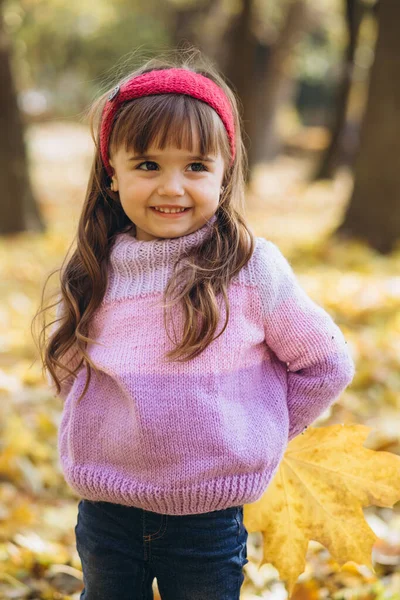 Retrato Uma Menina Feliz Segurando Uma Folha Bordo Parque Outono — Fotografia de Stock