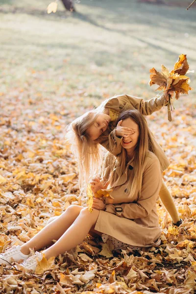 幸せな母親と彼女の美しい娘が座っていて 秋の公園の黄色の葉の間で楽しんでいます — ストック写真