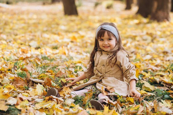 Niña Feliz Hermosa Abrigo Beige Sentado Entre Las Hojas Amarillas —  Fotos de Stock