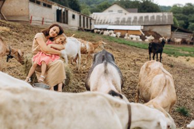 Mutlu anne ve kızı keçilerin arasında bir eko çiftliğinde vakit geçiriyorlar..