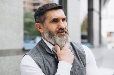 Gri sakallı ve vahşi bir adamın portresi. Temiz kentsel alanlarda vakit geçiriyor..