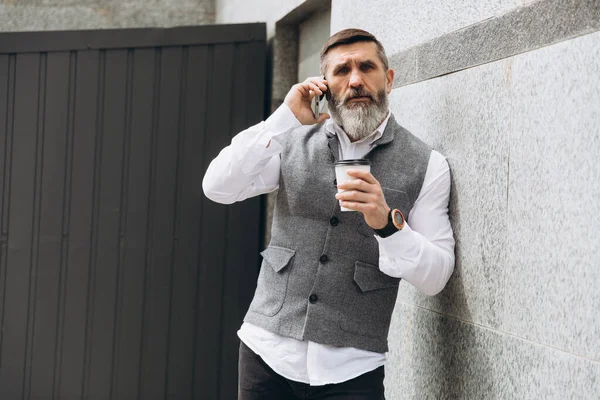 Hombre Mayor Pelo Gris Barbudo Usa Habla Teléfono Inteligente — Foto de Stock