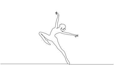 Bir çizgi minimalist çizim tarzında zarif bir duruş sergileyen balerin.