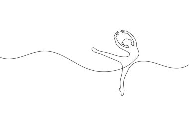 Bir çizgi minimalist çizim tarzında zarif bir duruş sergileyen balerin.