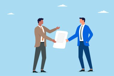 Başarılı bir iş ortaklığı kurmak için profesyonel bir anlaşma imzalayan iki iş adamını gösteren vektör illüstrasyonu