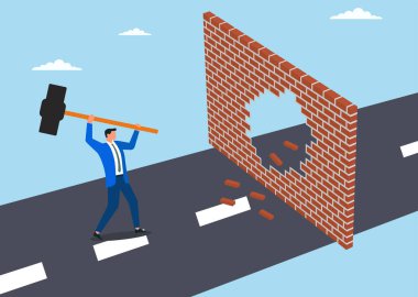 Duvarın kapattığı yolu açmak için çekiç kullanan bir işadamının vektör çizimi, kararlılığı, problem çözmeyi ve başarı yolundaki engelleri aşma cesaretini simgeliyor.