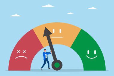 Negatif müşteri geribildirimini olumluya çevirmeye çalışan bir iş adamının vektör çizimi