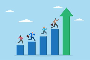 Kariyer büyümesini, takım ilerlemesini ve yükselen şirket başarılarını temsil eden sürekli olarak uzun çubuk grafik sütunlarına tırmanan iş adamlarının temsilci illüstrasyonu