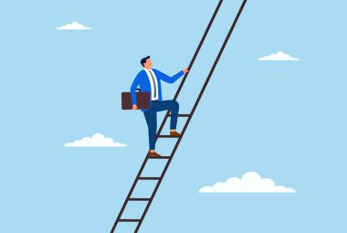 Bir iş adamının hayallerin, büyümenin ve sınırsız başarının sembolü olarak gökyüzüne doğru uzun bir merdiven tırmanmasının temsili.