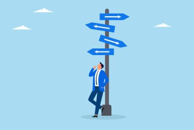 Vektör illüstrasyonu, çok yönlü yol işaretinin altında belirsizlik ve fırsat arasındaki doğru yolu seçmeyi düşünen bir işadamını gösteriyor.