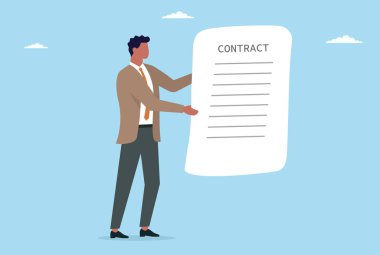 Sözleşme belgesi tutan kendine güvenen bir işadamının vektör çizimi