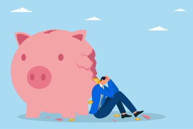 Finansal sorunlar ve ekonomik zorluklar nedeniyle bir işadamının hayal kırıklığı ve stresinin vektör çizimi