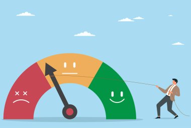 Bir iş adamının vektör çizimi iyi bir müşteri geri bildirimi için ipi çeker