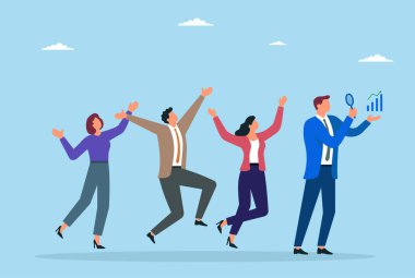 Bir grup işadamının bir büyüteçle iş başarısı artışı bulmasının vektör çizimi