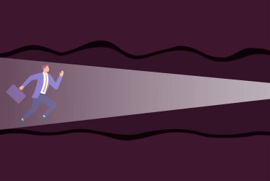 Parlak bir ışığın rehberliğinde bir tünelde koşan kararlı bir işadamının vektör çizimi, umudu, odaklanmayı ve hedefini amansız bir şekilde takip etmeyi simgeliyor.