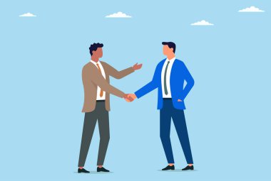 Başarılı bir iş anlaşması ve ortaklık anlaşmasını tamamlayan iki iş adamının vektör çizimi