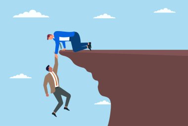 Bir iş adamının uçurumdan düşüşünün vektör çizimi, diğer bir işadamı umutsuzca onu kurtarmaya çalışırken, ki bu da iş dünyasında risk, kurtarma ve takım çalışması için güçlü bir metafordur.