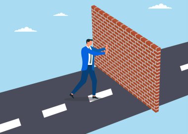 Yolunu tıkayan, azim ve gücü temsil eden bir duvarı kaldırmaya çalışan bir işadamının vektör çizimi