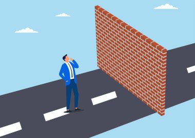 İlerlemeyi ve esnekliği engelleyen zorlukları ve engelleri temsil eden, bir duvarın önünde duran bir işadamının vektör çizimi