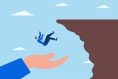 Bir iş adamının uçurumdan düşüşünün vektör çizimi ve onu kurtarmak için uzanan koruyucu bir el iş desteğini, güvenliği ve kriz yönetimini simgeliyor.