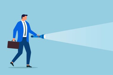 Yolunu aydınlatan bir ışıkla yürüyen bir işadamının vektör çizimi, rehberliği, sezgiyi ve belirsizlik ve karanlık yoluyla amansız başarı arayışını sembolize ediyor.