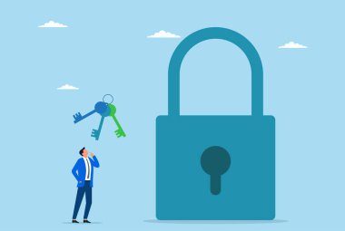 Başarısının anahtarını seçme konusunda kafası karışmış bir iş adamının vektör çizimi.