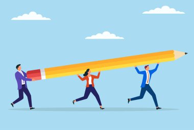 Dev bir kalem taşıyan iş adamlarının vektör illüstrasyon grubu, birleşik yaratıcılığı, stratejik planlamada işbirliği çabalarını ve yenilikçi bir iş yaratma sorumluluğunu sembolize ediyor