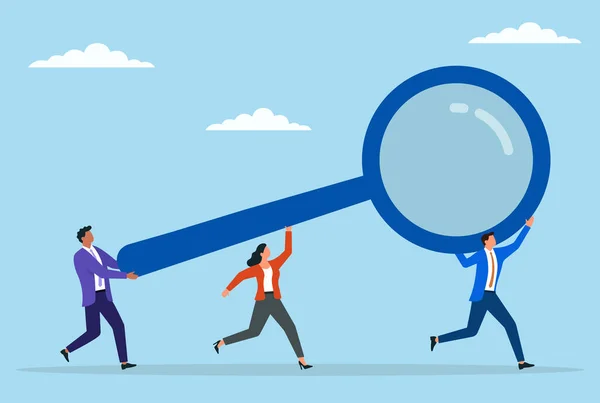 Büyük bir büyüteç taşıyan iş adamlarından oluşan bir ekibin vektör illüstrasyonu, işbirlikçi soruşturmayı, toplu analizi ve iş dünyasının iç yüzünü ortaya çıkarmada takım çalışmasını sembolize ediyor.
