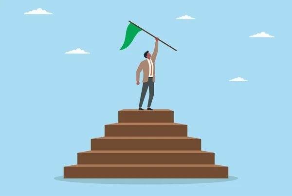Başarının sembolü olarak yeşil bir zafer bayrağı taşıyan kararlı bir işadamının temsili.