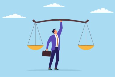 Bir iş adamının bir eliyle büyük bir denge terazisini kaldırmasının vektör çizimi adaleti, liderliği, sorumluluğu ve dengeli karar vermeyi sembolize ediyor.