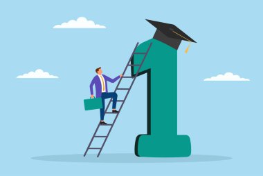 Bir işadamının birincilik ödülü ve mezuniyet şapkasına giden merdivene tırmanması, büyüme, başarı ve eğitim başarısını sembolize ediyor.