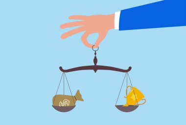 Büyük bir el denge tartısı tutarken bir çanta dolusu para ile başarı, ödül ve finansal değer arasındaki hassas dengeyi temsil eden vektör çizimi
