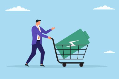 Tramvayda pil taşıyan bir iş adamının vektör çizimi, modern işyerinde enerji yönetimi, kaynak ve sürdürülebilir enerjiyi sembolize ediyor.