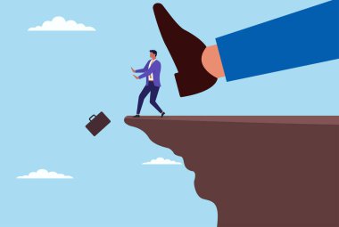 Bir iş adamını dik bir tepeden aşağı tekmeleyen dev bir ayağın vektör çizimi, ezici zorlukları, güçlü yenilgileri ve iş dünyasında karşılaşılan acı gerçekleri simgeliyor.