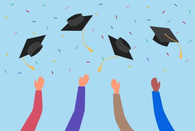 Mezuniyet şapkasını havaya fırlatan, kutlama, başarı, birlik ve mezuniyet ve akademik başarının sevincini temsil eden çoklu ellerin temsilcisi.