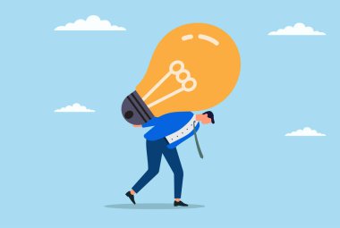 Sırtında büyük bir ampul taşımaya çalışan bir iş adamının vektör çizimi, büyük fikirlerin, yaratıcı baskının ve yeniliğin zorluklarını temsil ediyor.