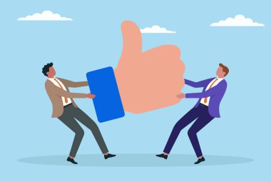 Dijital iş dünyasında sosyal medya hakimiyeti, müşteri onayı ve rekabetçi avantaj mücadelesini sembolize eden, benzer bir ikon için mücadele eden iki iş adamının vektör çizimi