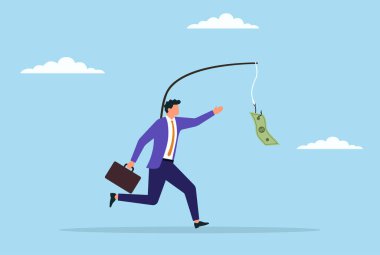 Önünde asılı duran parayı yakalamak için koşan bir iş adamının temsili finansal hedeflerin, hırsların ve servet hırsının amansız takibini sembolize ediyor.