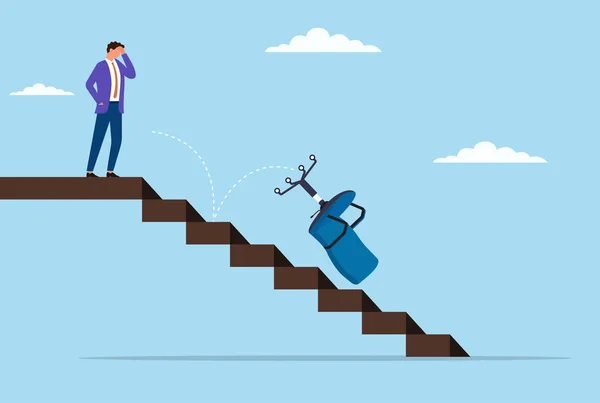 Ofis sandalyesi merdivenlerden yuvarlanırken üzgün görünen bir işadamının vektör çizimi, pozisyon kaybı, istikrarsızlık ve beklenmedik işyeri sorunlarını simgeliyor.