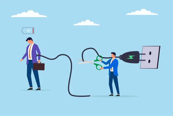 Bir iş adamının başka bir işadamının kablosunu makasla kesmesi, iş yerindeki sabotajı, rekabeti veya verimliliğin bozulmasını temsil eden vektör çizimi
