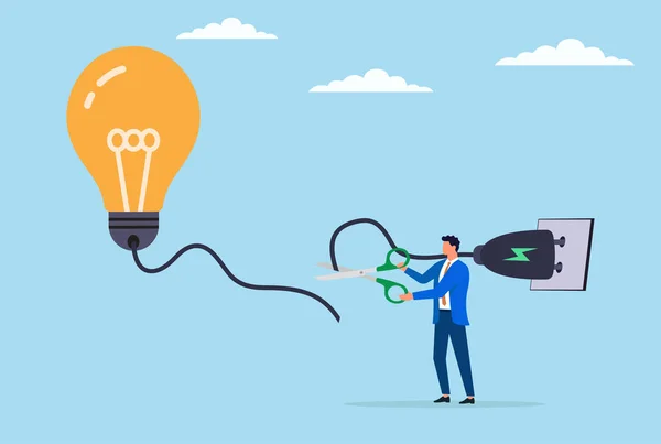 İş adamı ampulü makasla kesiyor, eski fikirlerden kurtulmayı sembolize ediyor, yenilikçiliği bozuyor, ya da geleneksel düşünmeyi kesiyor.