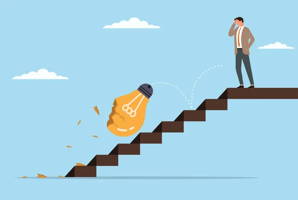 Bir ampul merdivenlerden düşüp kırılırken üzgün görünen bir iş adamının temsili başarısız bir fikir veya iş hayatında ani bir gerileme sonucu hayal kırıklığı ve hayal kırıklığını temsil ediyor.