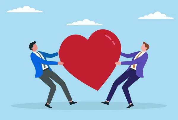 Bir aşk ikonu için savaşan iki iş adamının vektör çizimi, müşteri sadakatini, duygusal bağlılığı ve pozitif marka ilişkilerini kazanmak için yoğun rekabeti sembolize ediyor.
