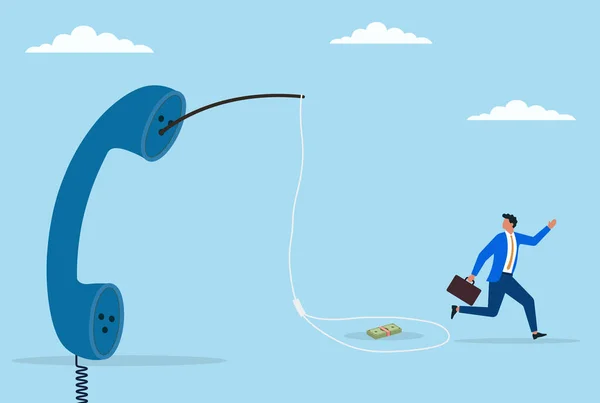 Sahtekar bir telefon tuzağından kaçan bir iş adamının vektör çizimi, dolandırıcılık tehlikesini ve kurumsal dünyada farkındalığın önemini gösteriyor.