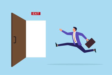 Kriz veya kritik anlarda acil durum çıkışına doğru koşan bir işadamının vektör çizimi, aciliyeti, hızlı karar vermeyi ve proaktif eylemi simgeliyor