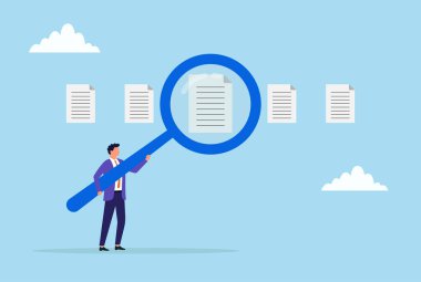 Büyük bir büyüteçle bir belgeyi analiz eden bir iş adamının vektör çizimi, kapsamlı denetimi, veri analizini ve hassas iş analizini sembolize ediyor.